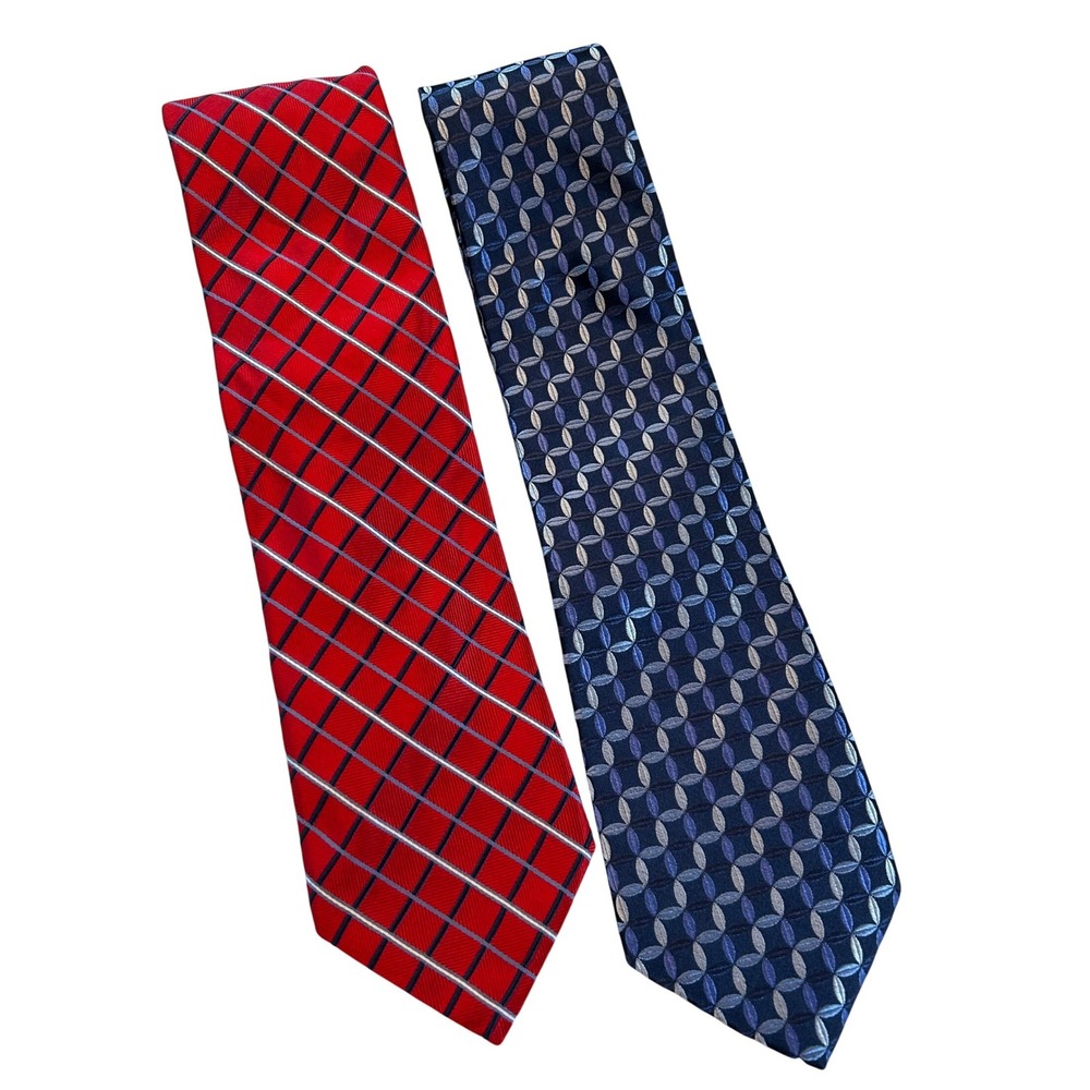 Lot of 2 Barneys‎ New York Mens Silk Ties Red Plaid Blue Geometric Pattern